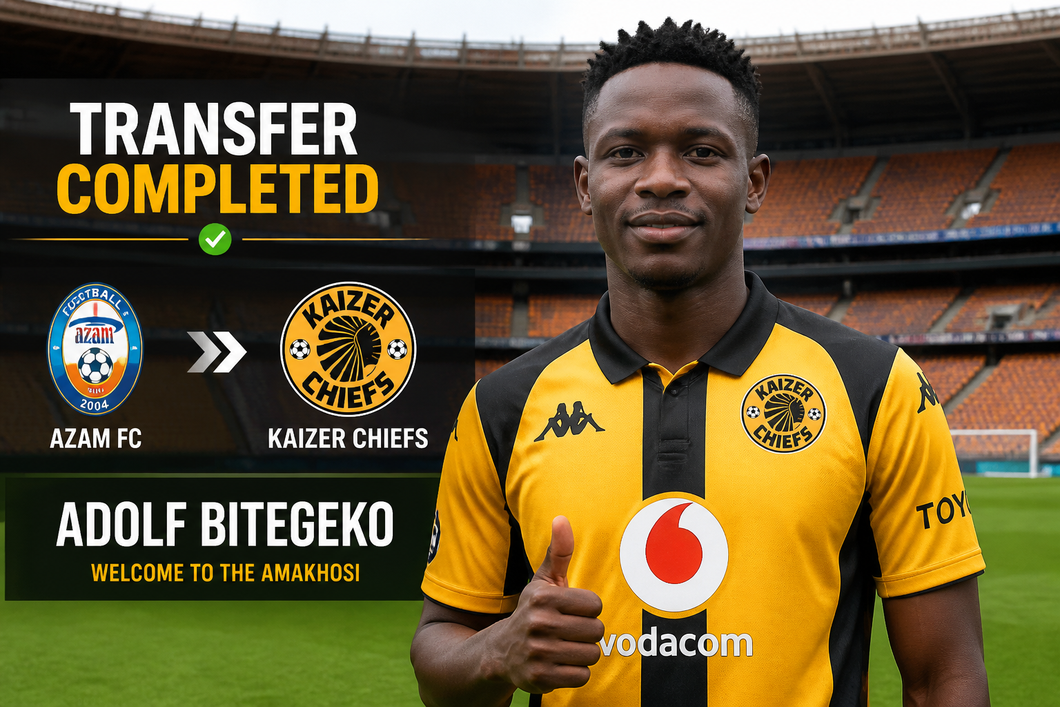 Transfer completed: Adolf Bitegeko joins Kaizer Chiefs; player in yellow jersey on stadium background.