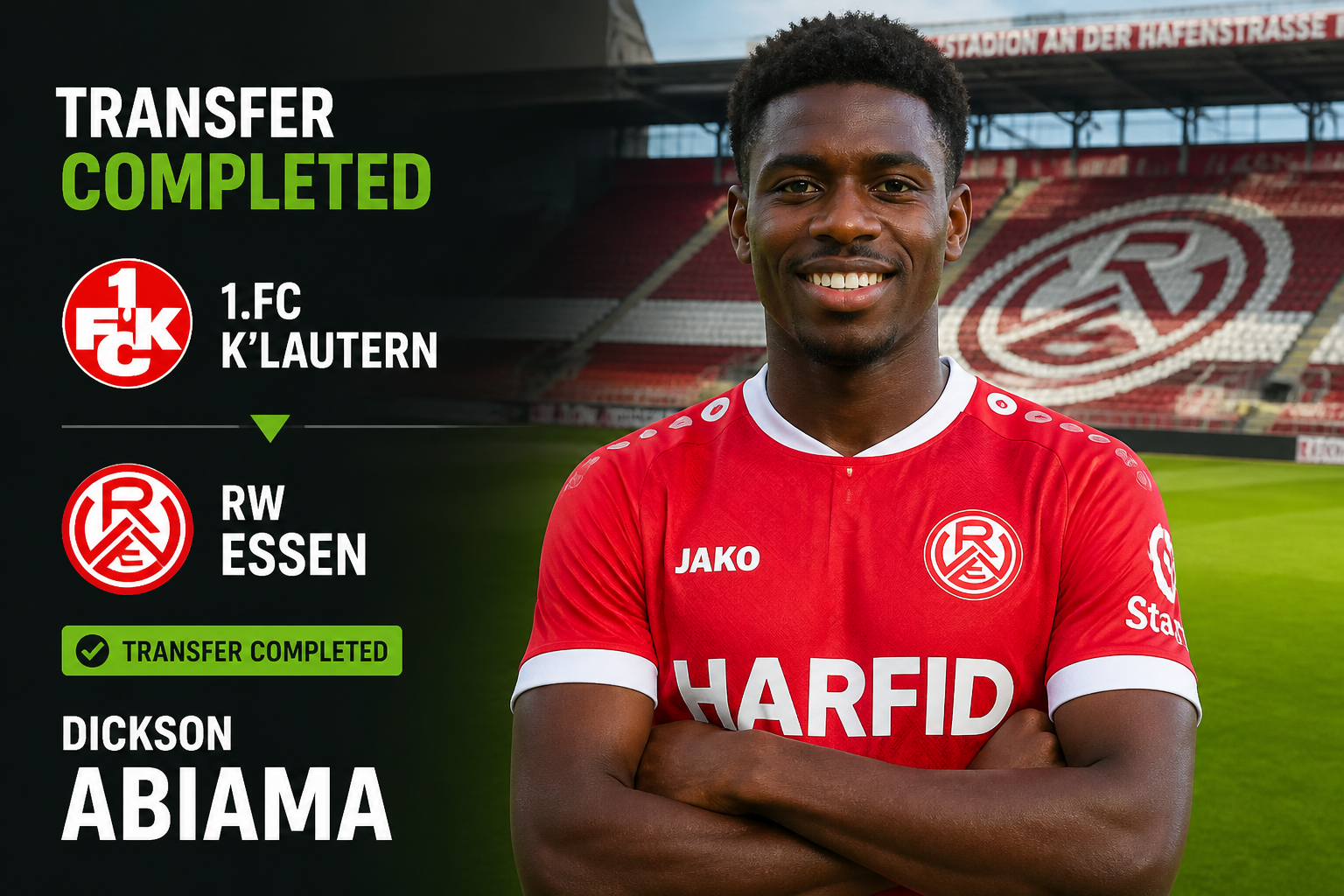 Transfer completed: Dickson Abiama joins 1.FC K’lautern from RW Essen with team logos and a 'Transfer Completed' badge.