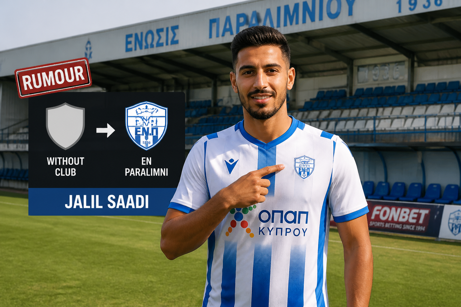 Footballer Jalil Saadi in a blue-and-white striped kit on a stadium field, overlaying 'rumour' graphic about a move from without club to En Paralimni. Footballer Jalil Saadi in a blue-and-white striped kit on a stadium field, overlaying 'rumour' graphic about a move from without club to En Paralimni.
