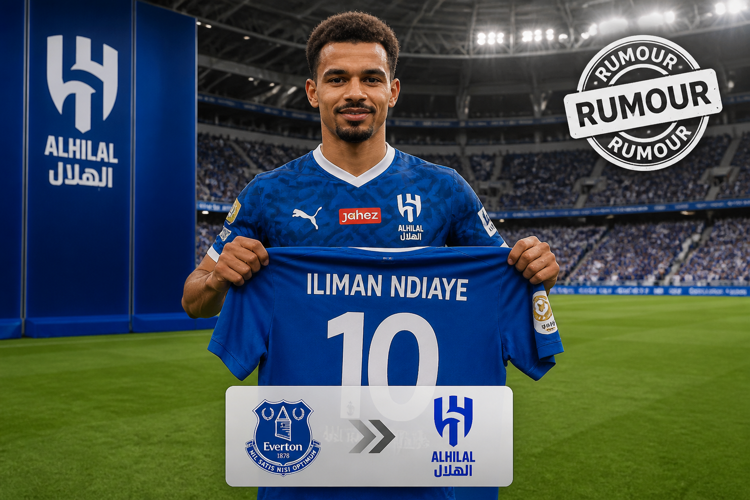 Footballer Iliman Ndiaye in a blue Al Hilal kit holding up his blue jersey reading 'ILIMAN NDIAYE' with number 10 in a stadium backdrop.