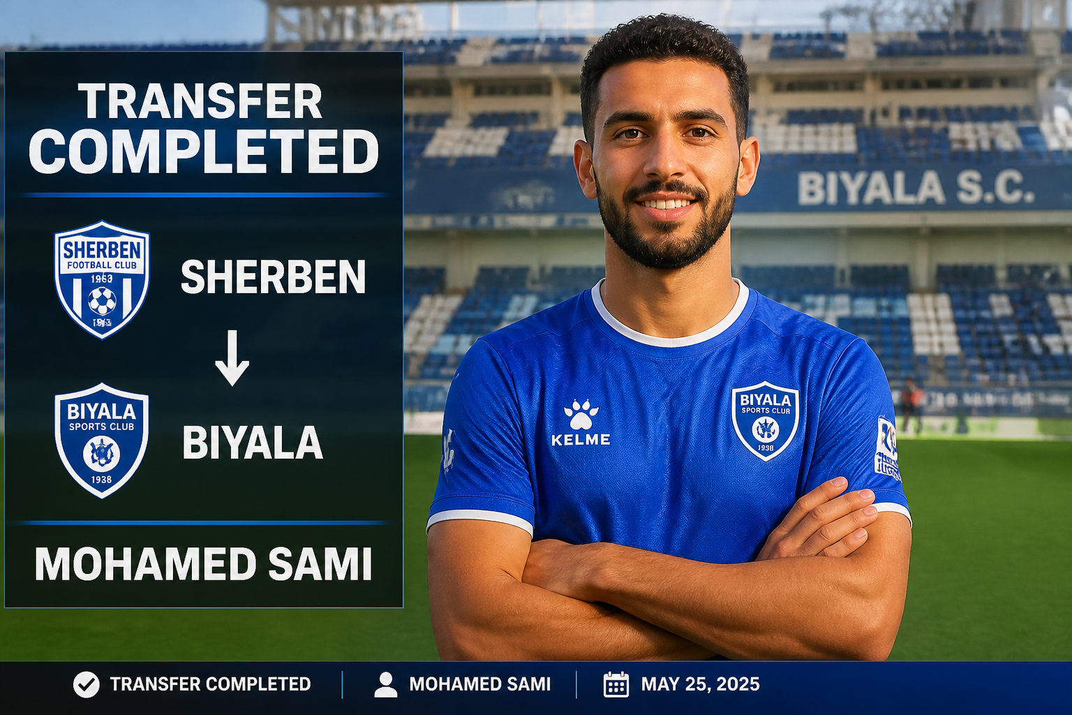 Transfer completed: Mohamed Sami joins Biyala Sports Club; left panel shows Sherben and Biyala logos with the banner text. Transfer completed: Mohamed Sami joins Biyala Sports Club; left panel shows Sherben and Biyala logos with the banner text.