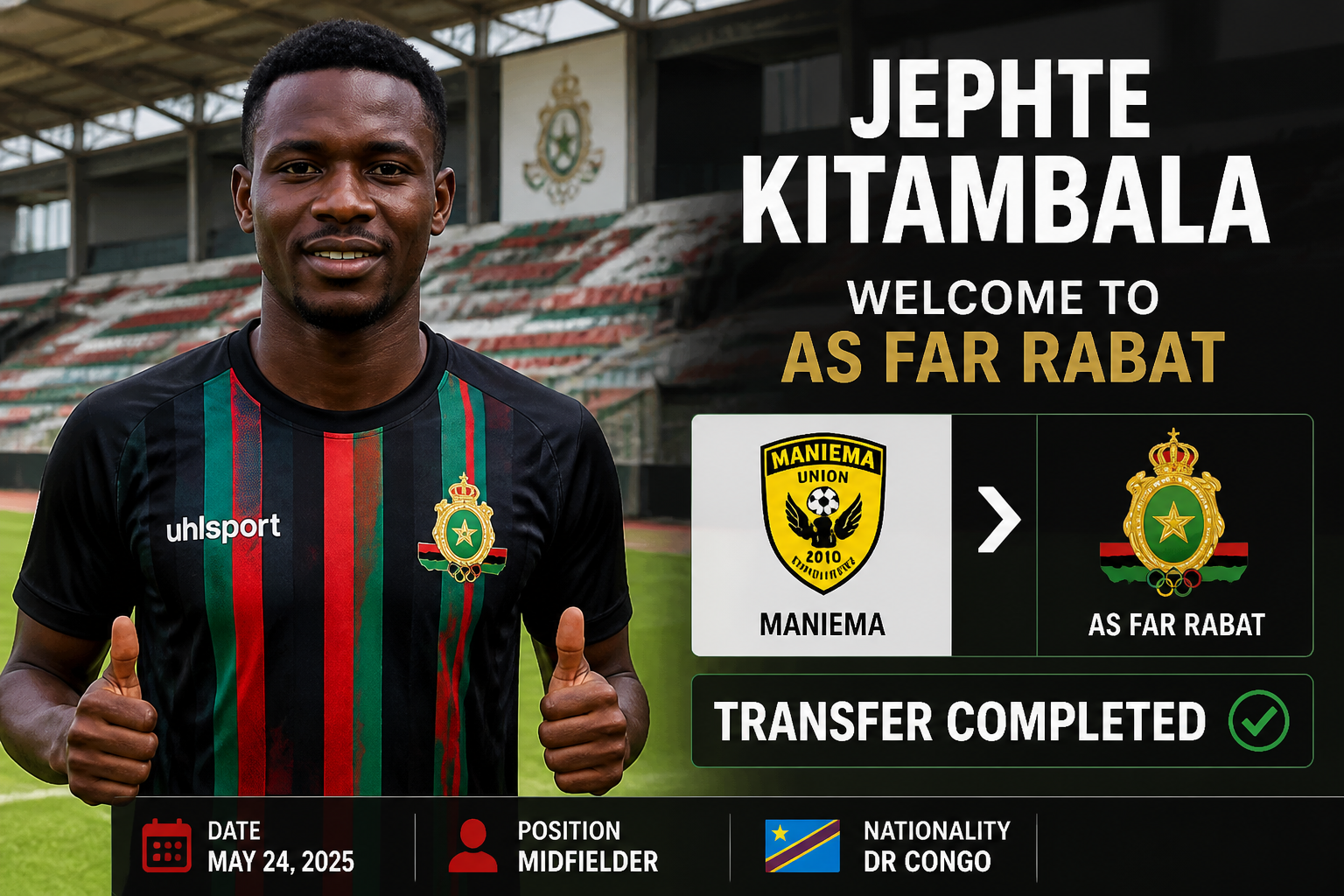 Portrait of a smiling footballer in an AS FAR Rabat jersey on a stadium field, with transfer banners and team crest nearby. Portrait of a smiling footballer in an AS FAR Rabat jersey on a stadium field, with transfer banners and team crest nearby.