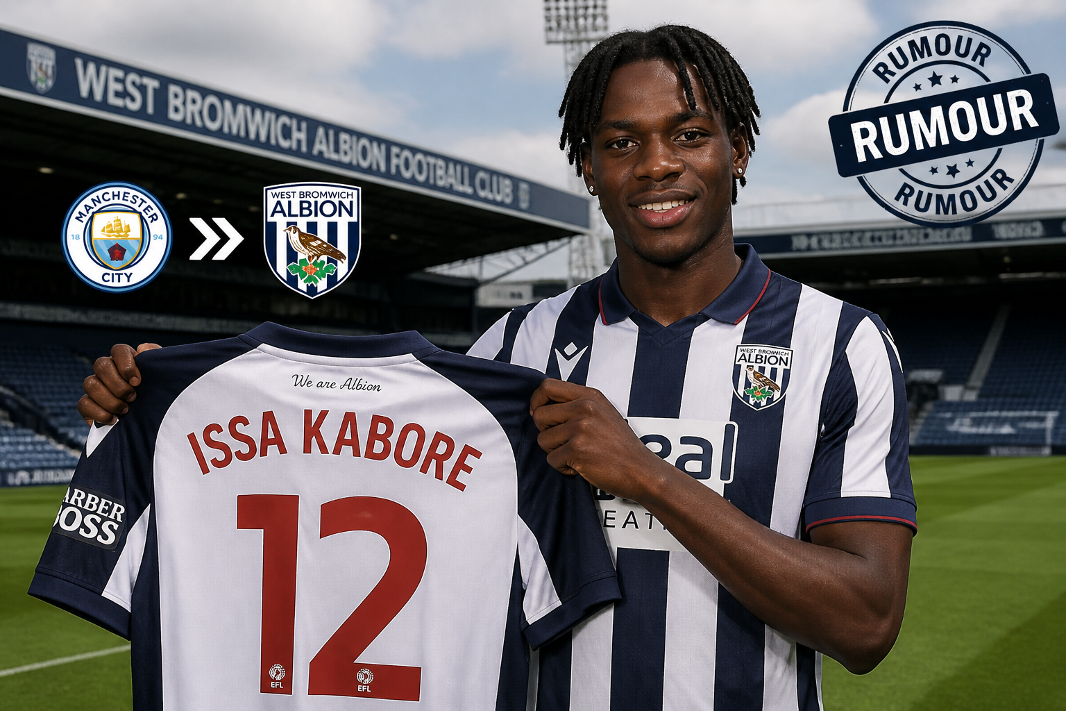Issa Kabore holding a West Bromwich Albion jersey with number 12, smiling at the stadium. Issa Kabore holding a West Bromwich Albion jersey with number 12, smiling at the stadium.