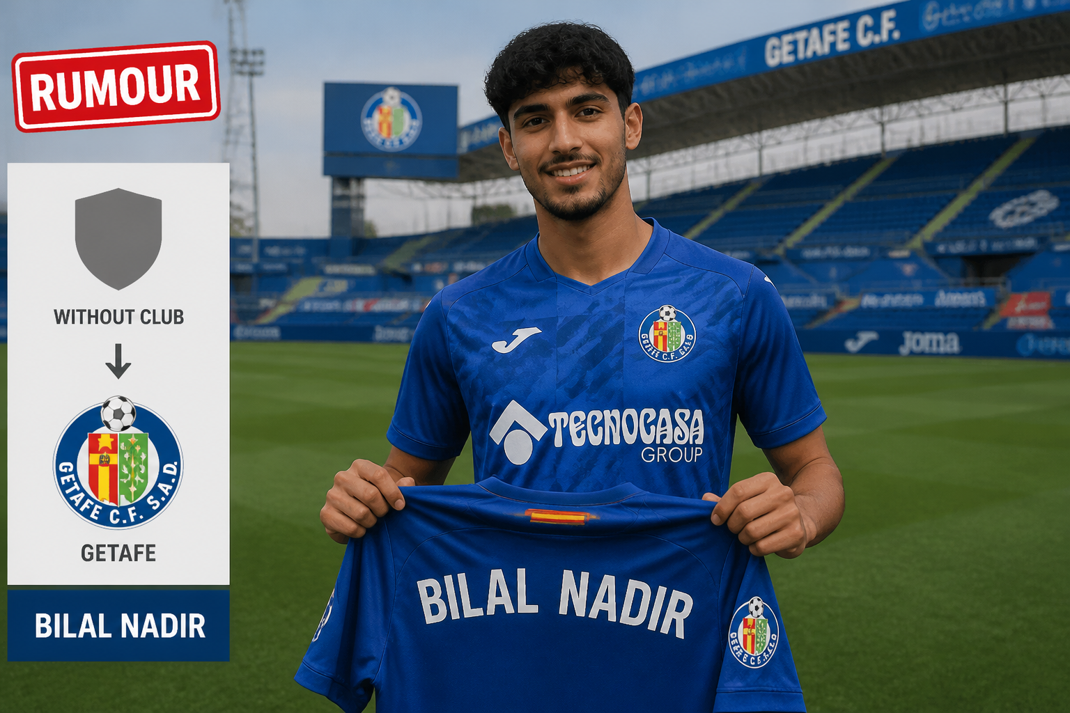 Footballer Bilal Nadir in a blue Getafe jersey poses on the pitch, with a left-side 'RUMOUR' graphic and club crest. Footballer Bilal Nadir in a blue Getafe jersey poses on the pitch, with a left-side 'RUMOUR' graphic and club crest.