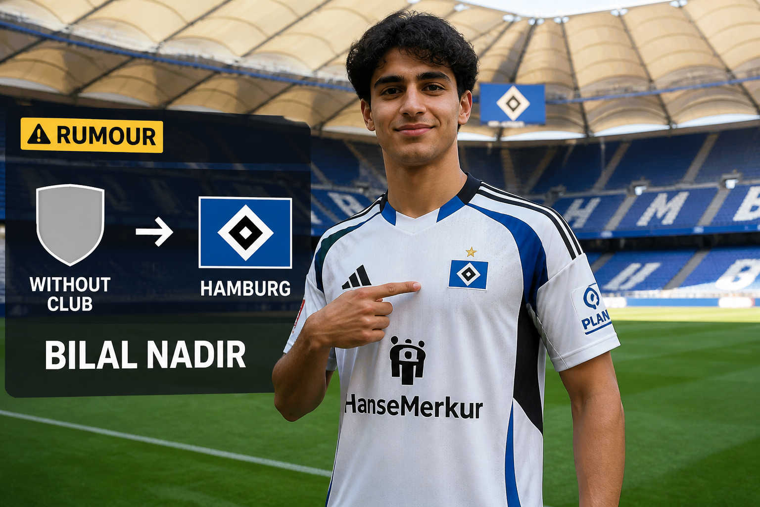 Footballer Bilal Nadir in an HSV kit beside a transfer rumor graphic showing a move from 'Without Club' to Hamburger SV Footballer Bilal Nadir in an HSV kit beside a transfer rumor graphic showing a move from 'Without Club' to Hamburger SV