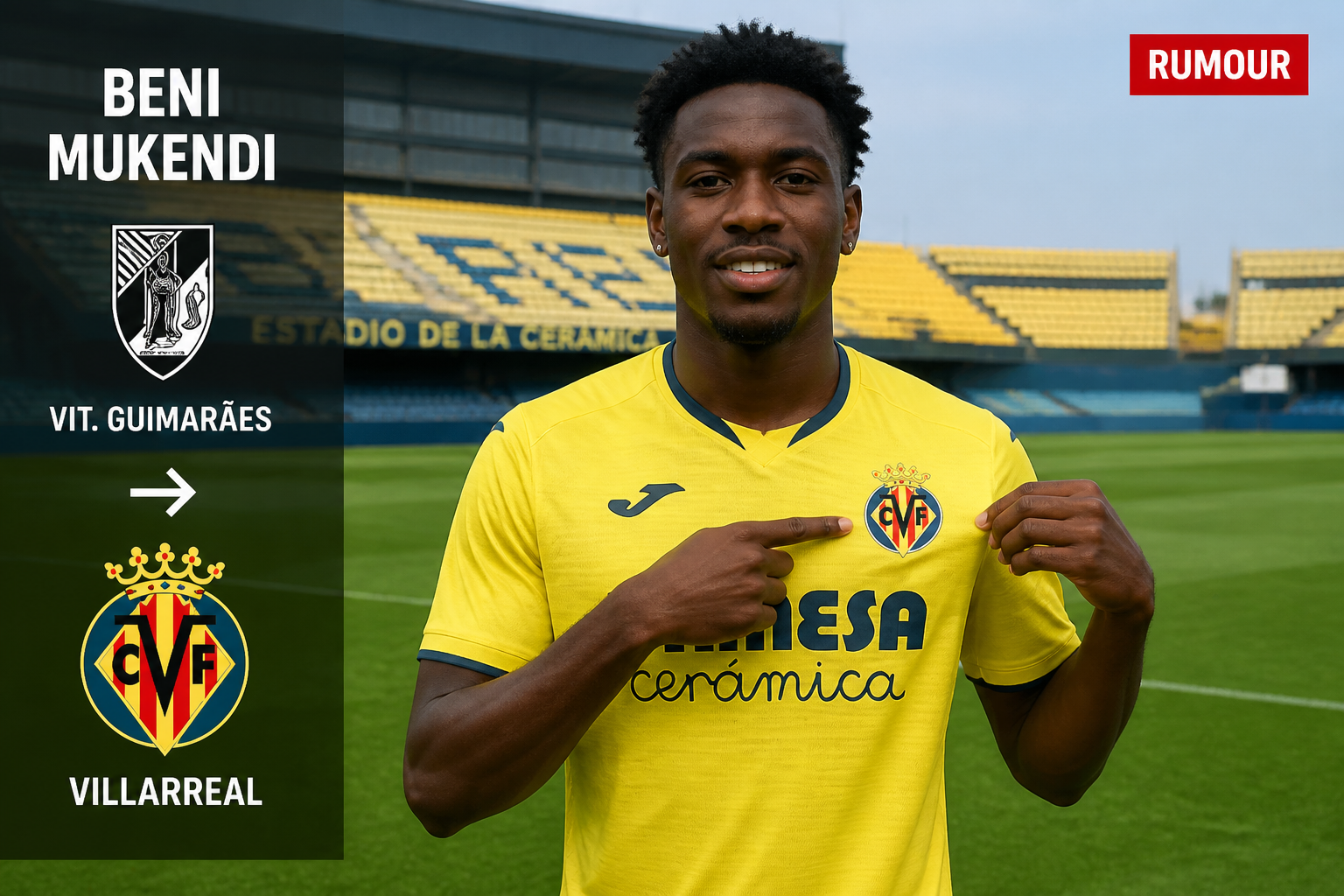 Portrait of Beni Mukendi in a Villarreal jersey on a football field; left overlay shows his name, a transfer rumor from Vit. Guimarães with the Villarreal crest and a right-arrow. Portrait of Beni Mukendi in a Villarreal jersey on a football field; left overlay shows his name, a transfer rumor from Vit. Guimarães with the Villarreal crest and a right-arrow.