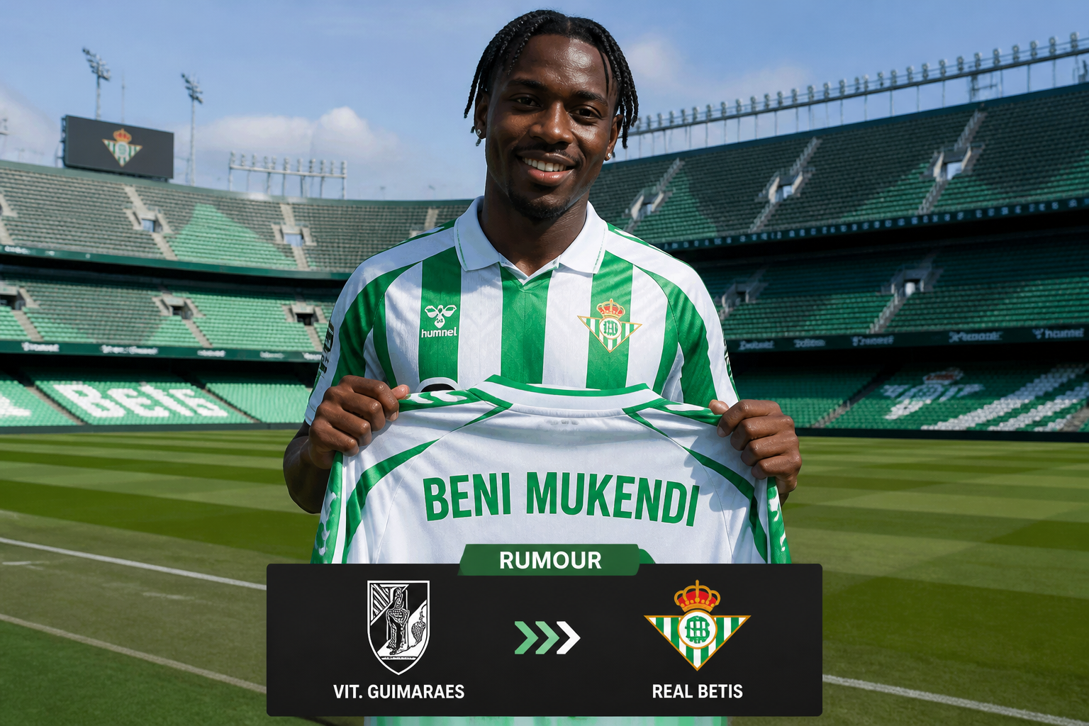 Footballer holding a white and green Beni Mukendi jersey in a stadium; bottom banner reads 'RUMOUR' with Vitória de Guimarães and Real Betis logos, suggesting a transfer rumor. Footballer holding a white and green Beni Mukendi jersey in a stadium; bottom banner reads 'RUMOUR' with Vitória de Guimarães and Real Betis logos, suggesting a transfer rumor.