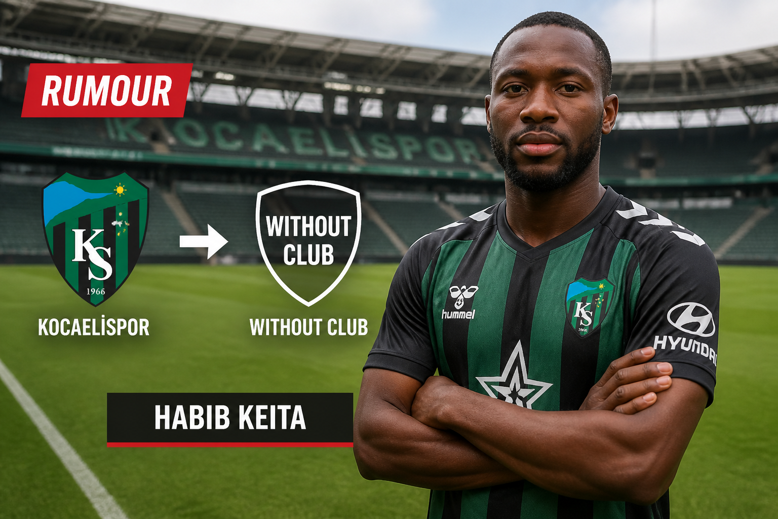 Portrait of Habib Keita in KS jersey on a football pitch; left graphic shows Kocaelispor crest, a 'Rumour' label, and a 'Without Club' transfer graphic on a stadium backdrop.