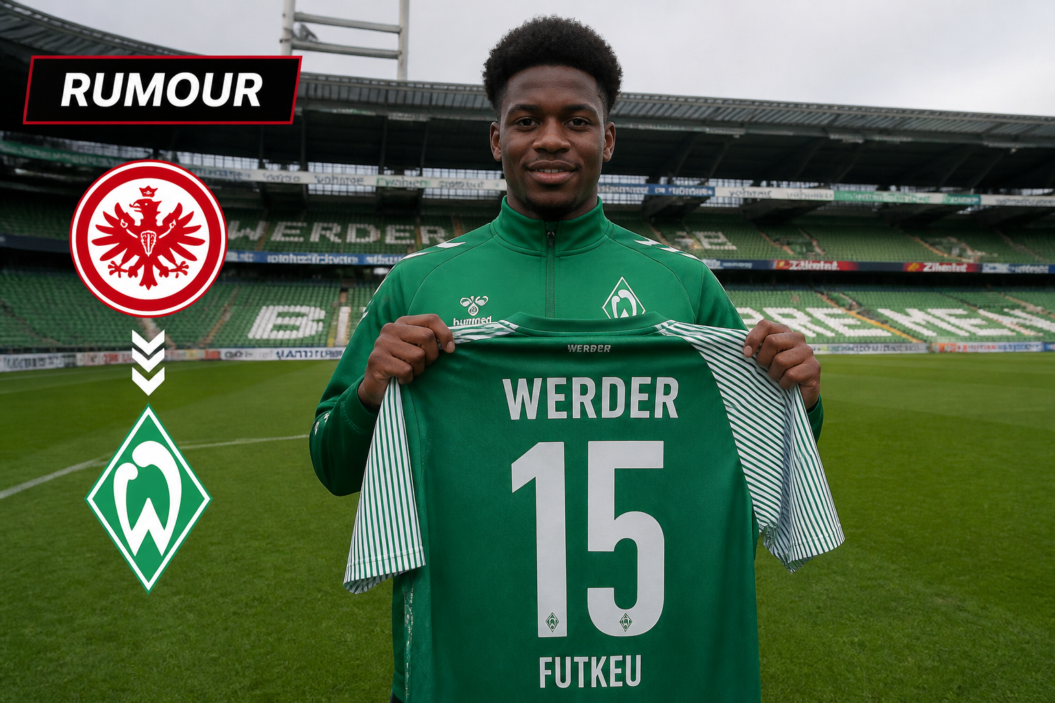 Footballer in green Werder Bremen kit holds up his number 15 Futkeu jersey on a training pitch; club crests and a 'RUMOUR' banner are visible in the stadium backdrop. Footballer in green Werder Bremen kit holds up his number 15 Futkeu jersey on a training pitch; club crests and a 'RUMOUR' banner are visible in the stadium backdrop.