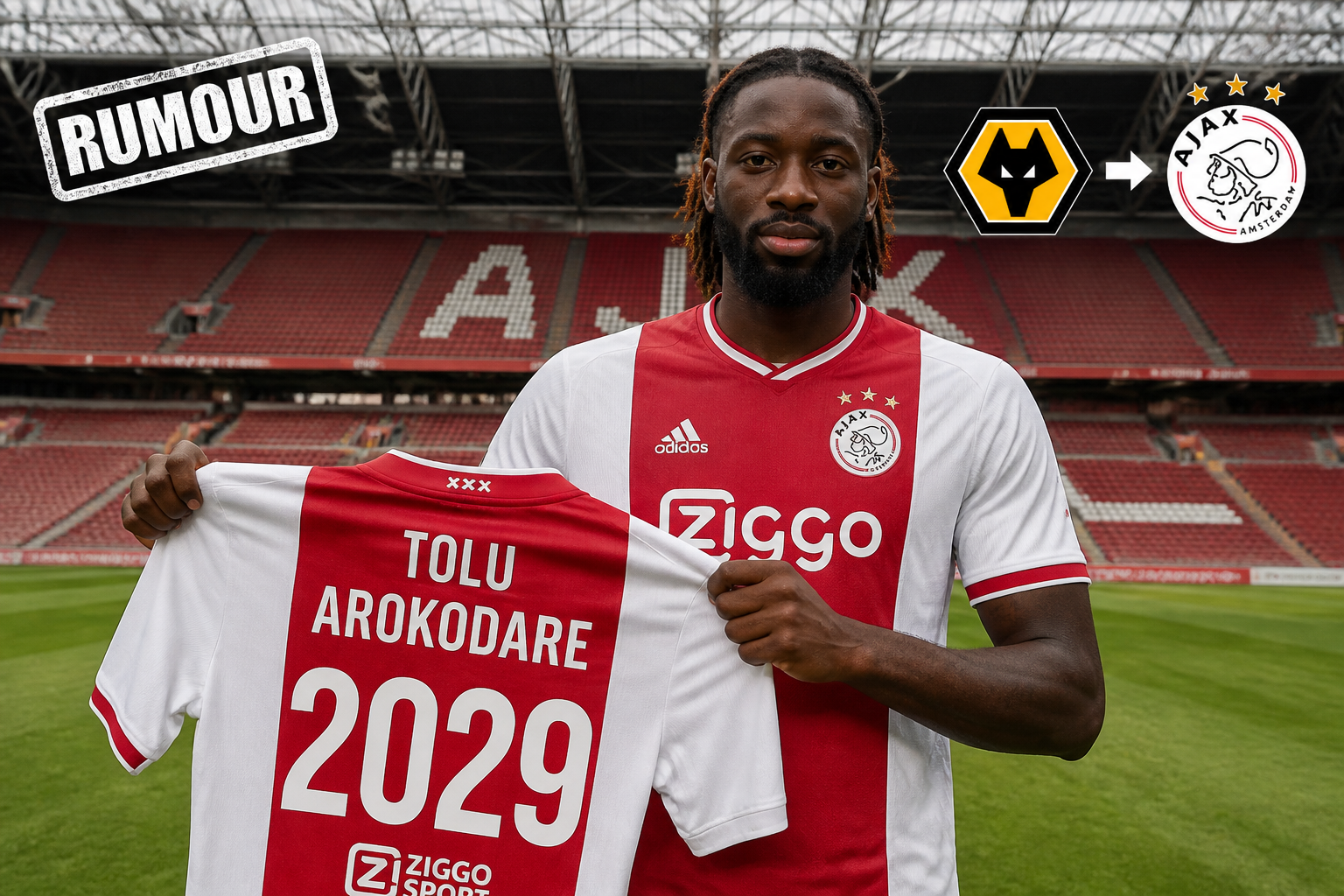 Tolu Arokodare holding a red-and-white Ajax jersey with '2029' on the back, in a stadium, amid a 'RUMOUR' graphic suggesting a transfer to Ajax. Tolu Arokodare holding a red-and-white Ajax jersey with '2029' on the back, in a stadium, amid a 'RUMOUR' graphic suggesting a transfer to Ajax.