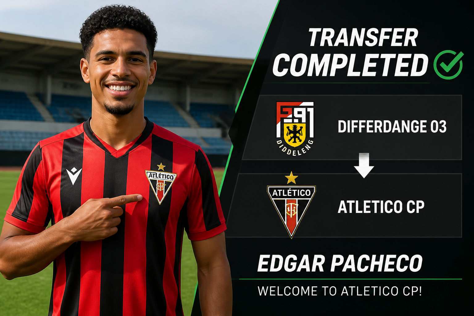 Soccer player in red-and-black striped jersey smiling, pointing to the club crest on his chest, on a stadium background with a transfer graphic on the right side Soccer player in red-and-black striped jersey smiling, pointing to the club crest on his chest, on a stadium background with a transfer graphic on the right side
