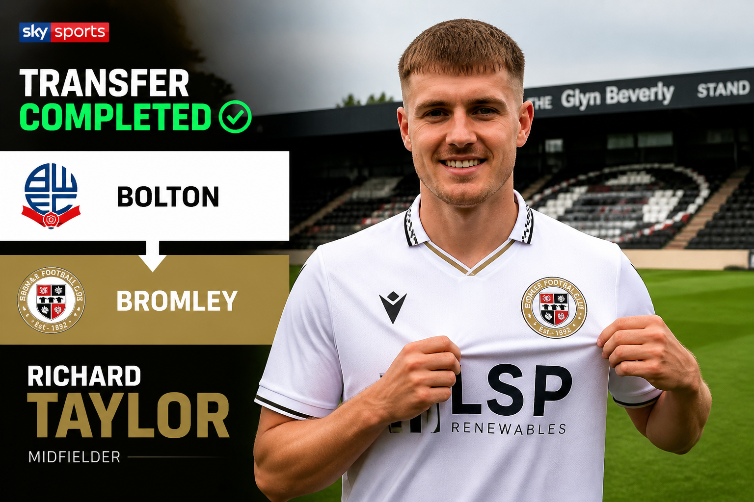 Poster announcing a transfer completed: Bolton midfielder in white jersey with transfer graphics and 'TRANSFER COMPLETED' at top left, stadium backdrop.