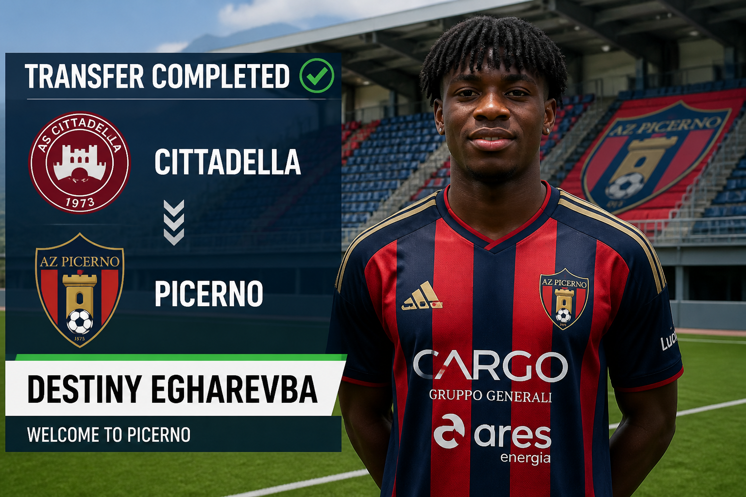 Transfer completed: Destiny Egharevba joins Picerno, with club logos in the foreground.