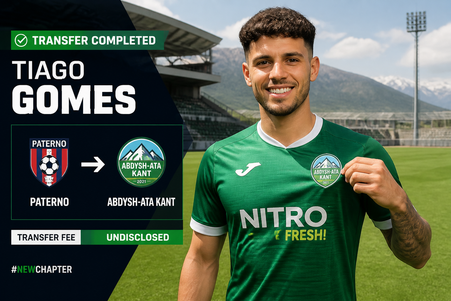 Transfer completed: Tiago Gomes joins Abdysh-Ata Kant from Paterno, shown with logos on a dark left panel and a smiling player in a green kit.