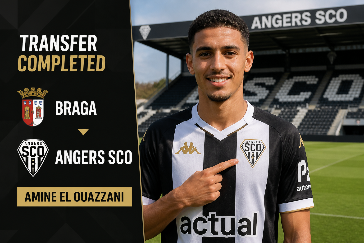 Transfer completed banner with Angers SCO crest; player Amine El Ouazzani in a black-and-white kit stands on the field. Transfer completed banner with Angers SCO crest; player Amine El Ouazzani in a black-and-white kit stands on the field.
