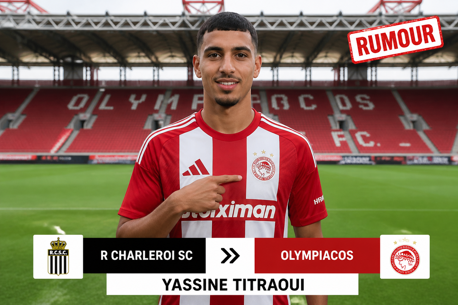 Soccer player in red-and-white striped jersey on a stadium pitch, pointing to the crest with a 'RUMOUR' badge and Charleroi vs Olympiacos graphic.