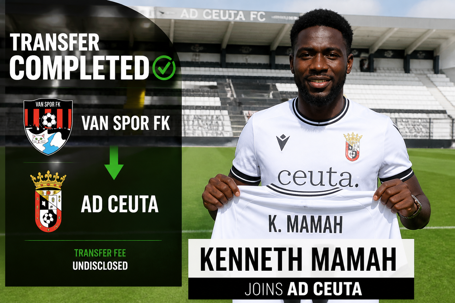 Football player Kenneth Mamah holding an AD Ceuta jersey on a stadium pitch, announcing his transfer to AD Ceuta with transfer banner in the background.