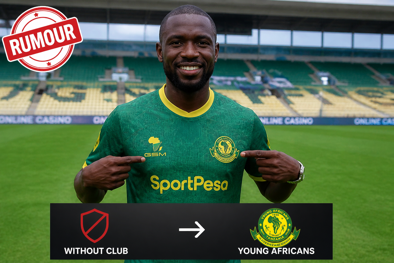 Male footballer in a green Young Africans jersey on a stadium pitch, pointing to a transfer graphic that reads 'Without Club' to 'Young Africans' at the bottom role banner.