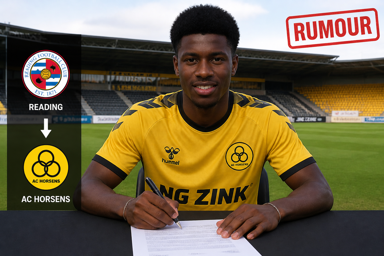 Footballer in a yellow AC Horsens jersey signs a document at a table on the field, with Reading FC and AC Horsens logos on the left and a red 'RUMOUR' stamp in the corner.