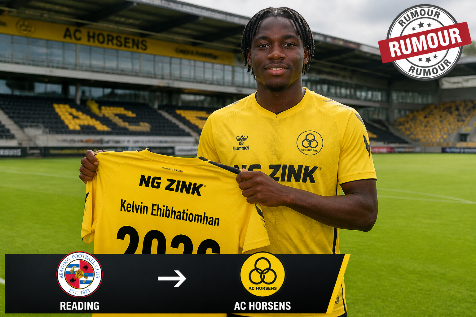 AC Horsens player in a yellow kit holds up a matching jersey with the name Kelvin Ehibhatiomhan and number 2026 at a stadium.