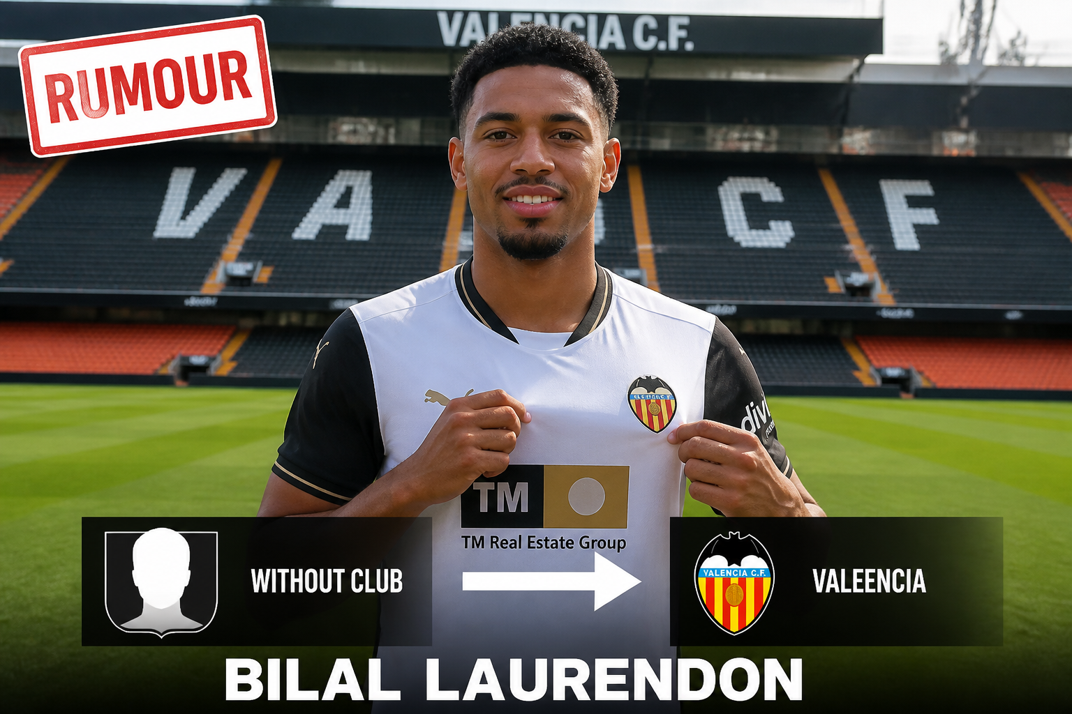 Portrait of Bilal Laurendon in a Valencia C.F. stadium, wearing a white-black jersey with a transfer graphic showing 'Without Club' to the left and 'Valencia' to the right.