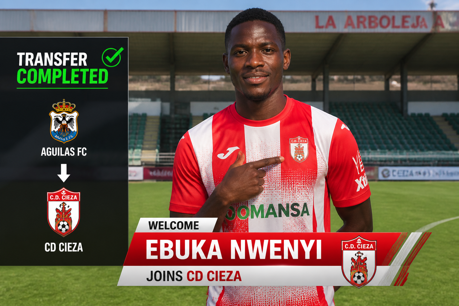 Football player Ebuka Nwenyi in red-and-white kit on a football pitch, announcing his transfer to CD Cieza. Football player Ebuka Nwenyi in red-and-white kit on a football pitch, announcing his transfer to CD Cieza.