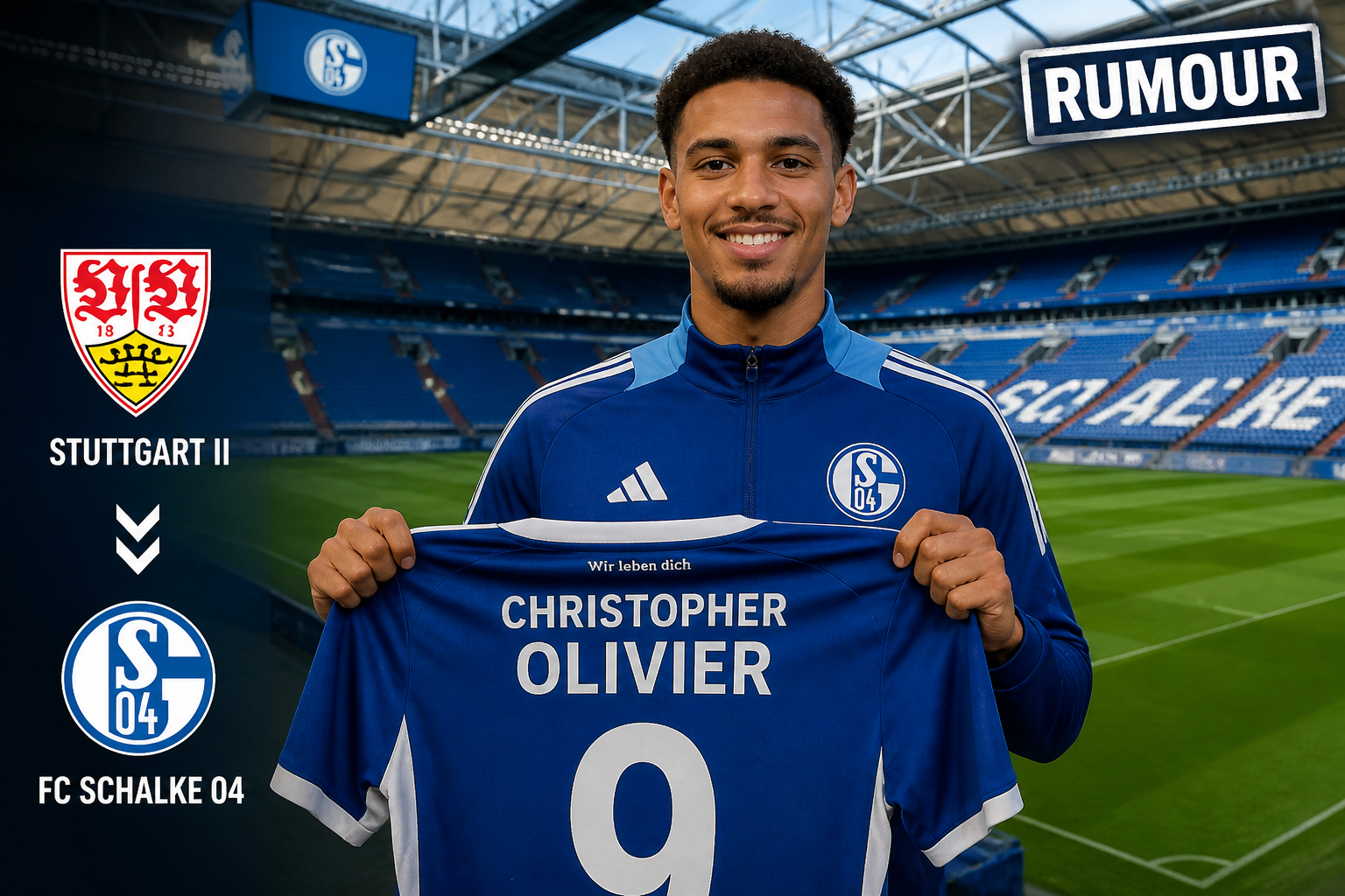 Smiling footballer in a blue Schalke 04 jacket holds up a jersey reading 'CHRISTOPHER OLIVIER 9' with a stadium background and left-side club logos (Stuttgart II and Schalke 04).