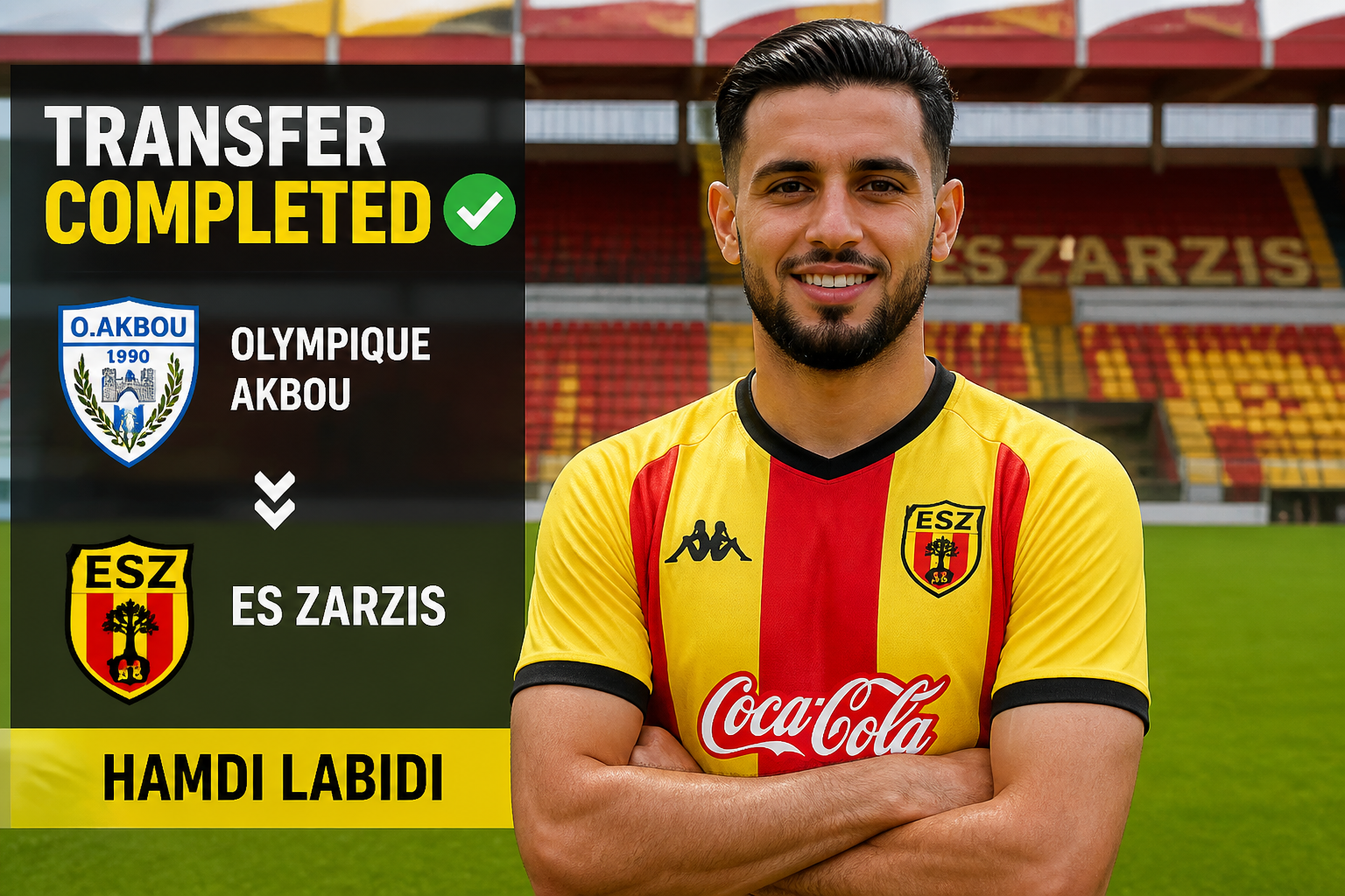 Portrait of Hamdi Labidi in ES Zarzis kit on a football field with a 'Transfer Completed' banner in the foreground and club crests nearby