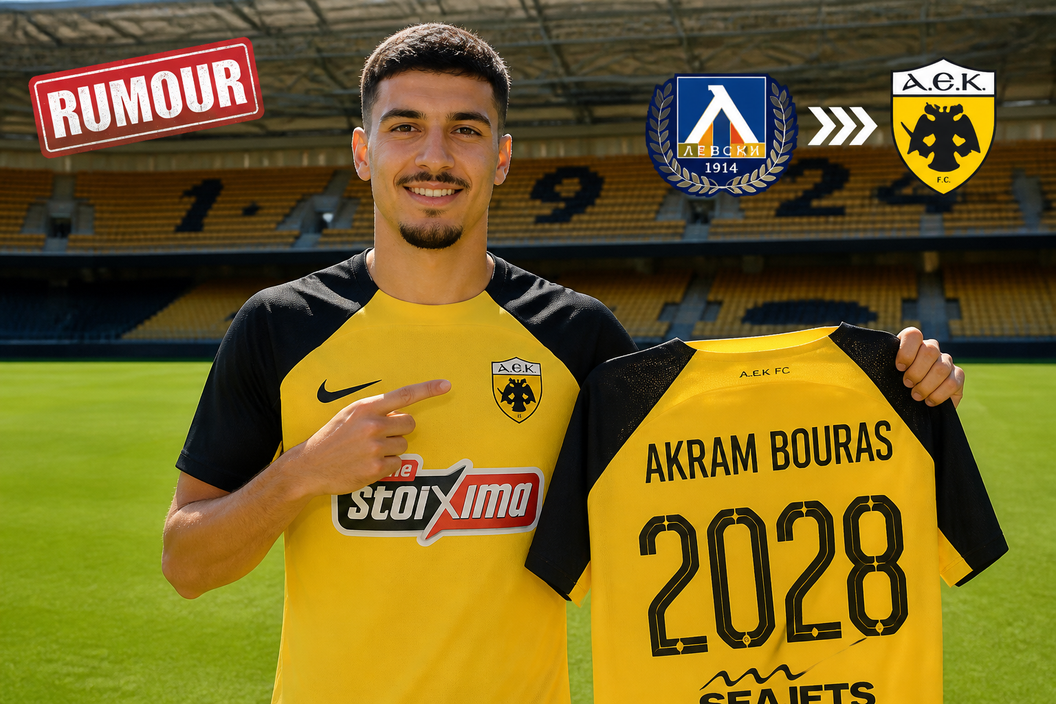 Footballer in yellow and black kit poses with a signed jersey that reads 'AKRAM BOURAS 2028' at a stadium backdrop.
