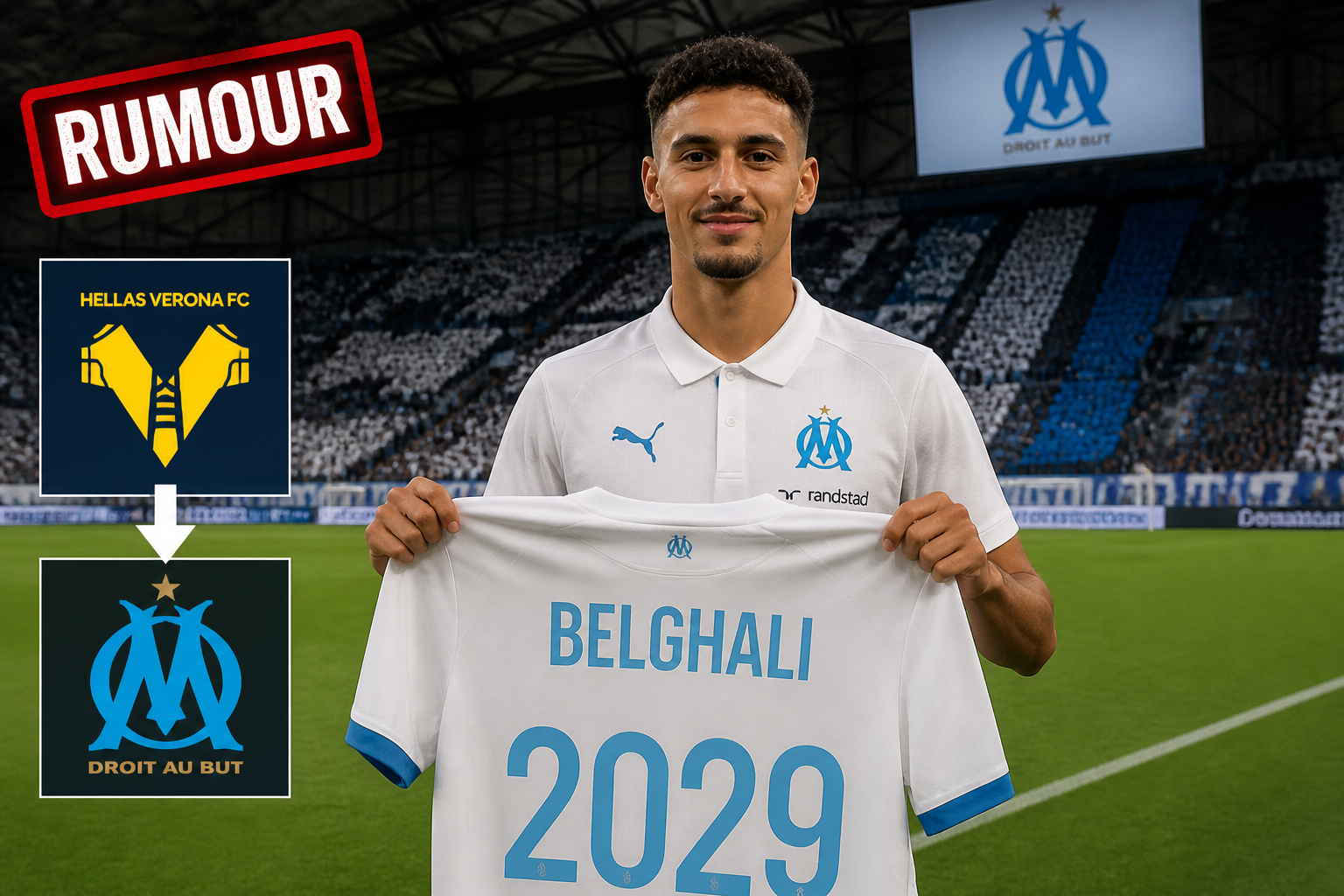 Footballer in a stadium holds a white jersey reading 'BELGHALI 2029' with the Olympique de Marseille crest visible, a red 'RUMOUR' banner overhead, and a Hellas Verona crest graphic on the left side indicating a transfer rumor.