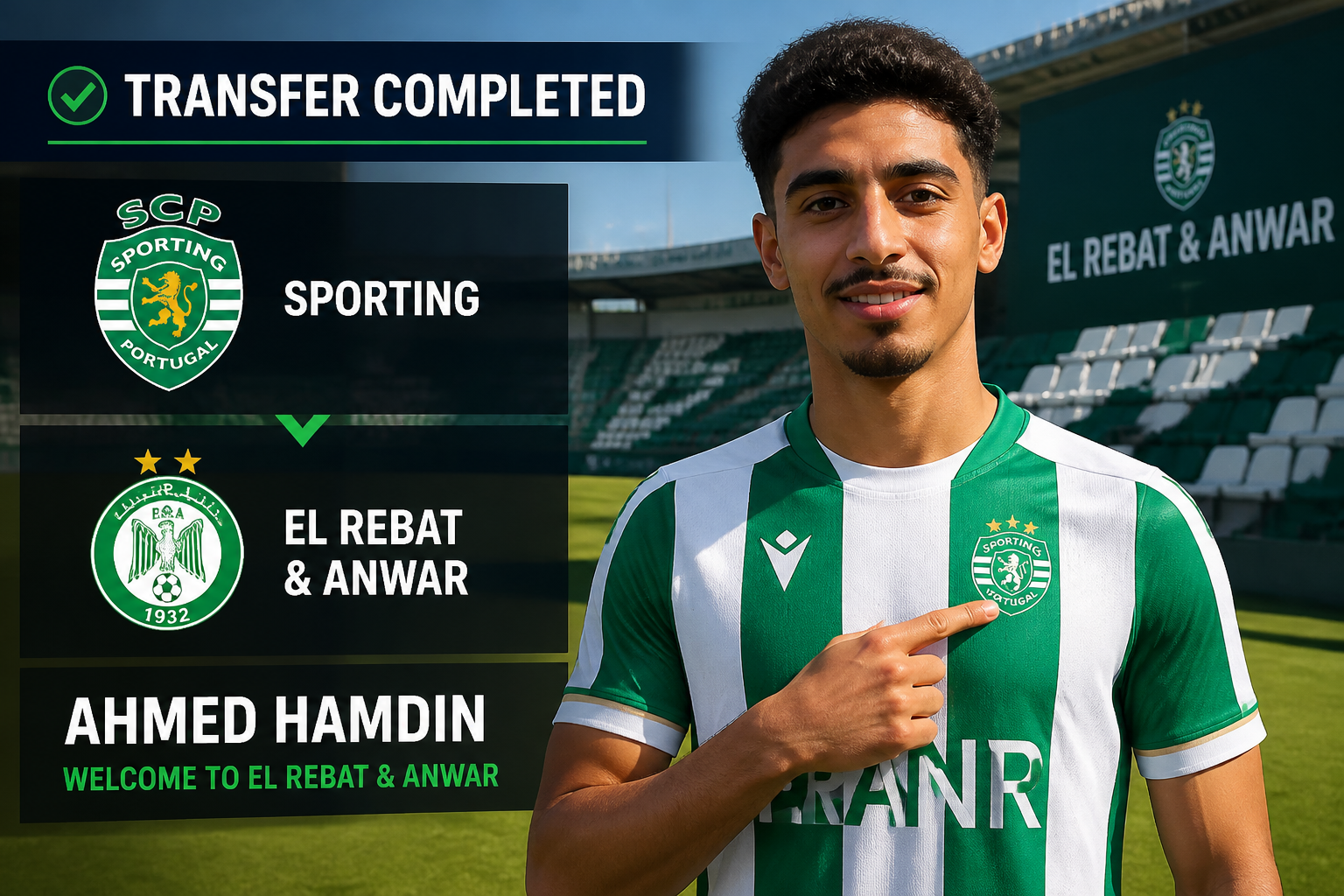 Transfer completed: a smiling footballer in a green-and-white striped jersey points to the Sporting CP badge on his chest, with a stadium background and a dark overlay showing club logos and a welcome message.