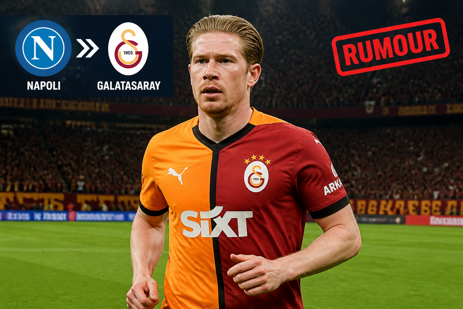 Soccer player in a Galatasaray jersey on the pitch, with Napoli and Galatasaray logos and a 'RUMOUR' stamp in the corner. Soccer player in a Galatasaray jersey on the pitch, with Napoli and Galatasaray logos and a 'RUMOUR' stamp in the corner.