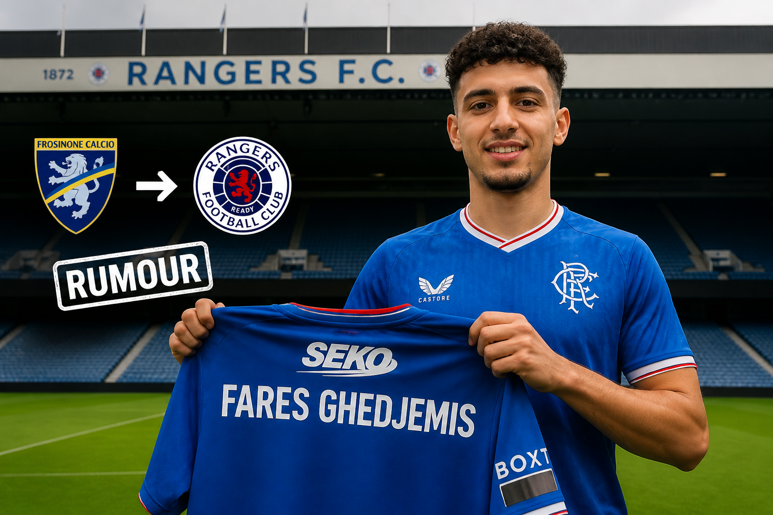 Soccer player in a blue Rangers kit holds up a blue jersey as transfer rumors link Frosinone Calcio to Rangers FC at a stadium backdrop. Soccer player in a blue Rangers kit holds up a blue jersey as transfer rumors link Frosinone Calcio to Rangers FC at a stadium backdrop.