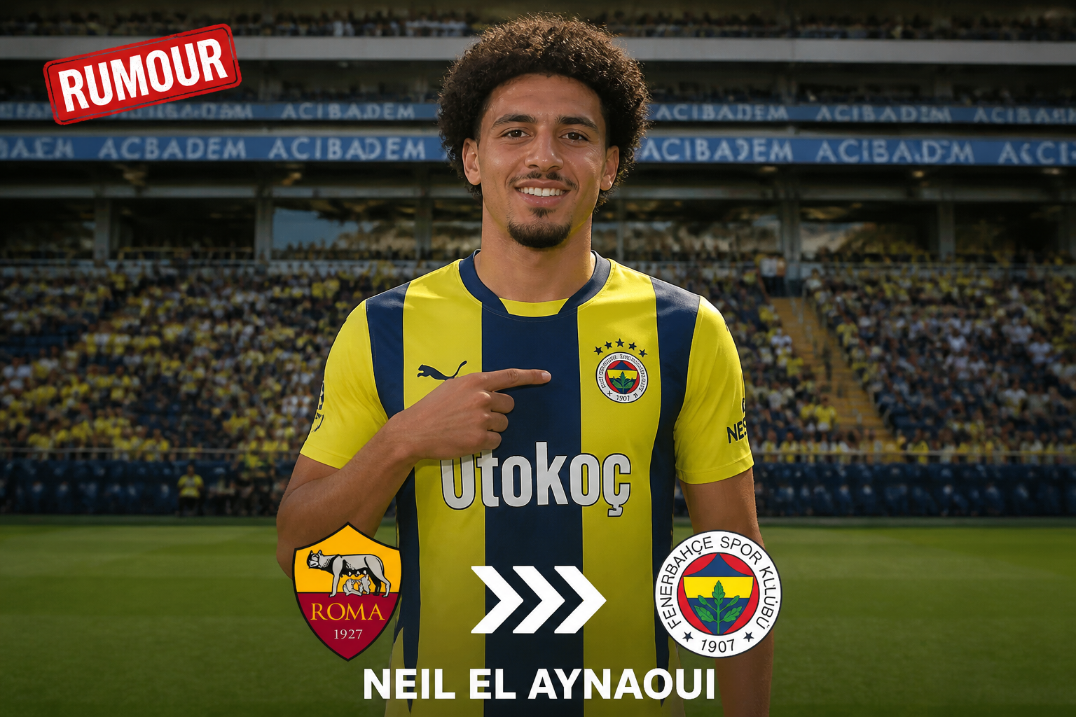 Footballer in a yellow-and-navy striped kit on the stadium pitch, pointing at his crest; 'RUMOUR' banner and the name Neil El Aynaoui visible with club badges (Roma left, Fenerbahçe right).