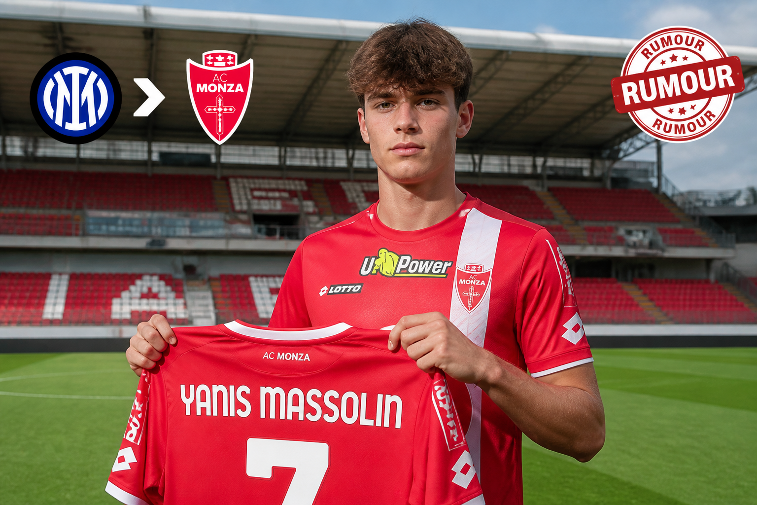 Soccer player in a red AC Monza kit holds up his jersey with the name Yanis Massolin and number 7 on a stadium field.