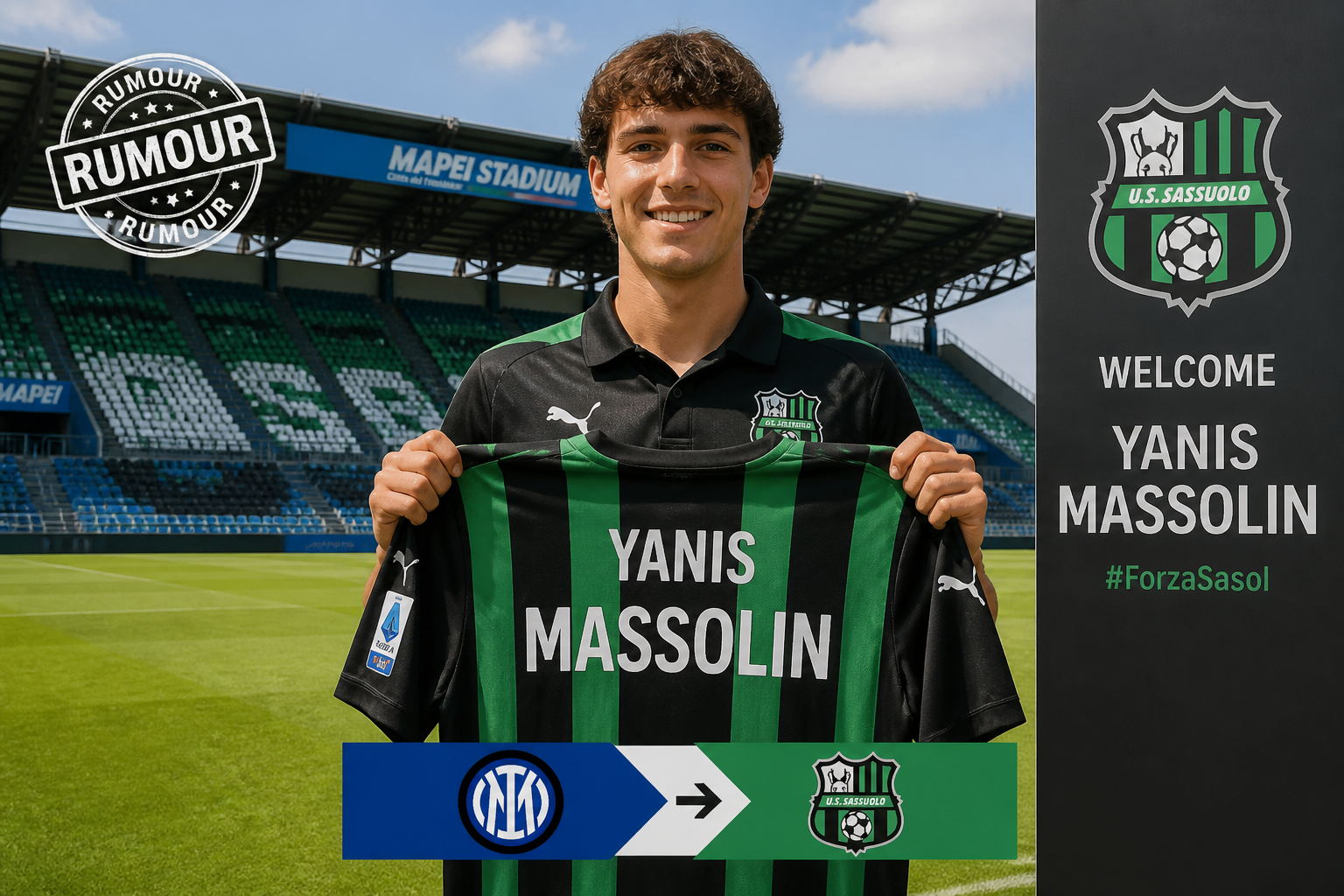 Footballer poses with a green-and-black Sassuolo jersey reading 'YANIS MASSOLIN' on a stadium field.