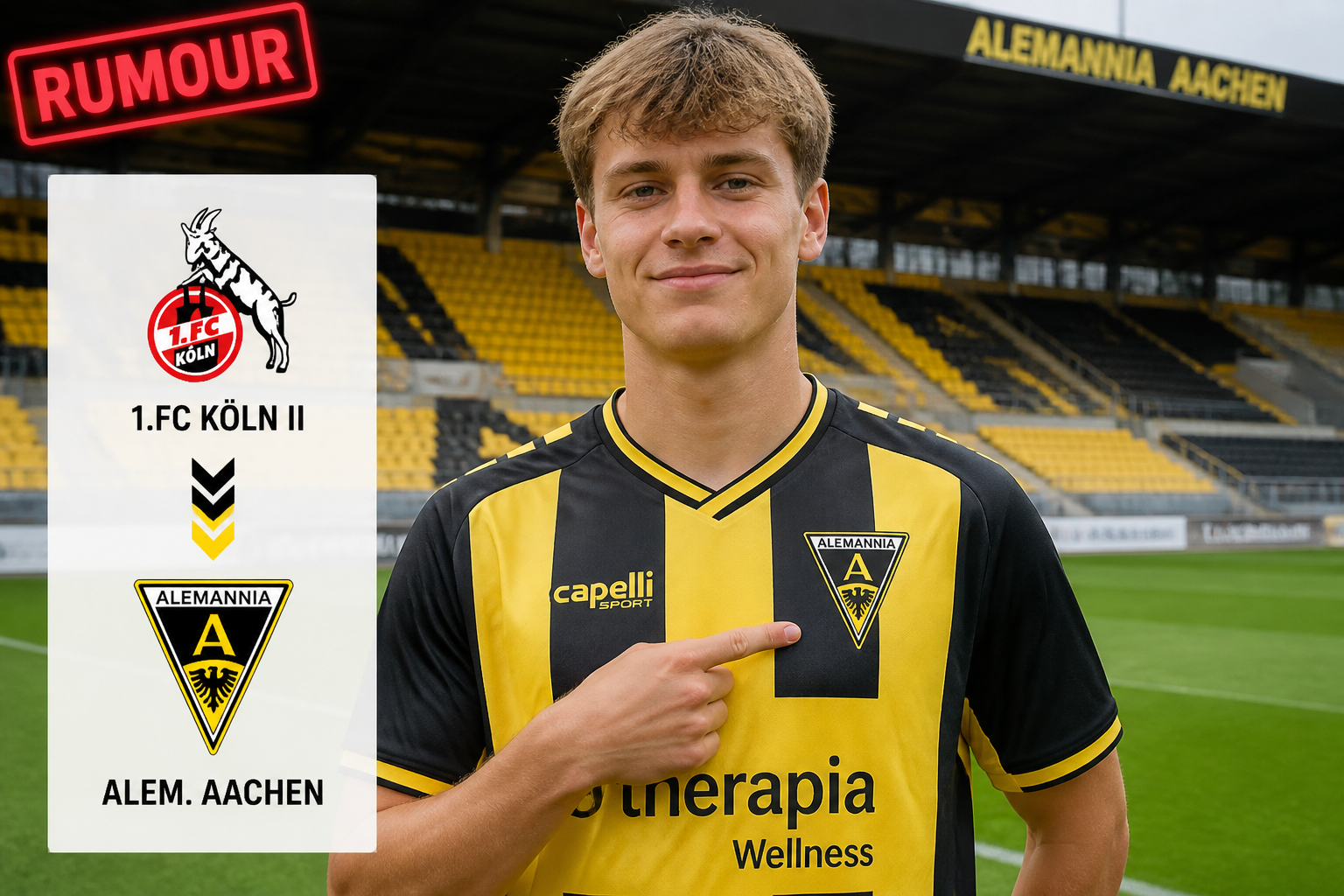 Young footballer in a yellow/black jersey points to the Alemannia Aachen crest on his chest, with a 'RUMOUR' banner and left-side panel showing team logos.