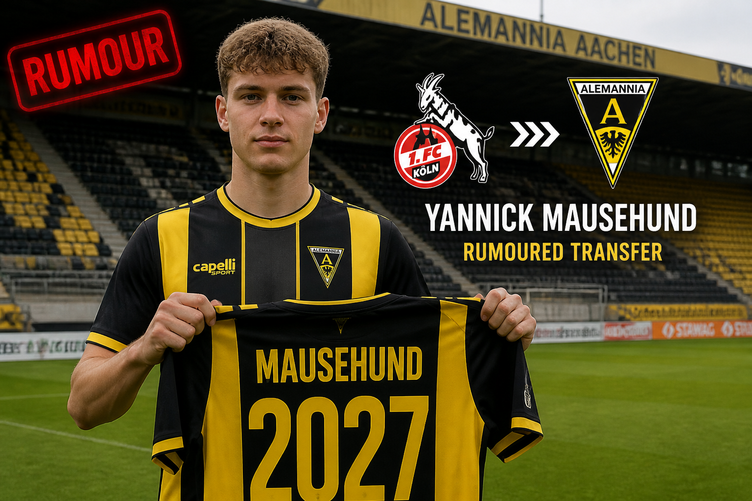 Footballer Yannick Mausehund holds up a black-and-yellow jersey on a stadium pitch, signaling a rumored transfer to Alemannia Aachen (2027).