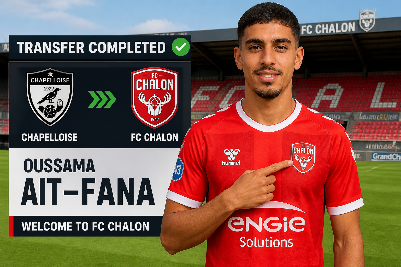 New FC Chalon player Oussama Ait-Fana points to the club badge on his red kit next to a 'TRANSFER COMPLETED' banner showing Chapelloise and FC Chalon logos.