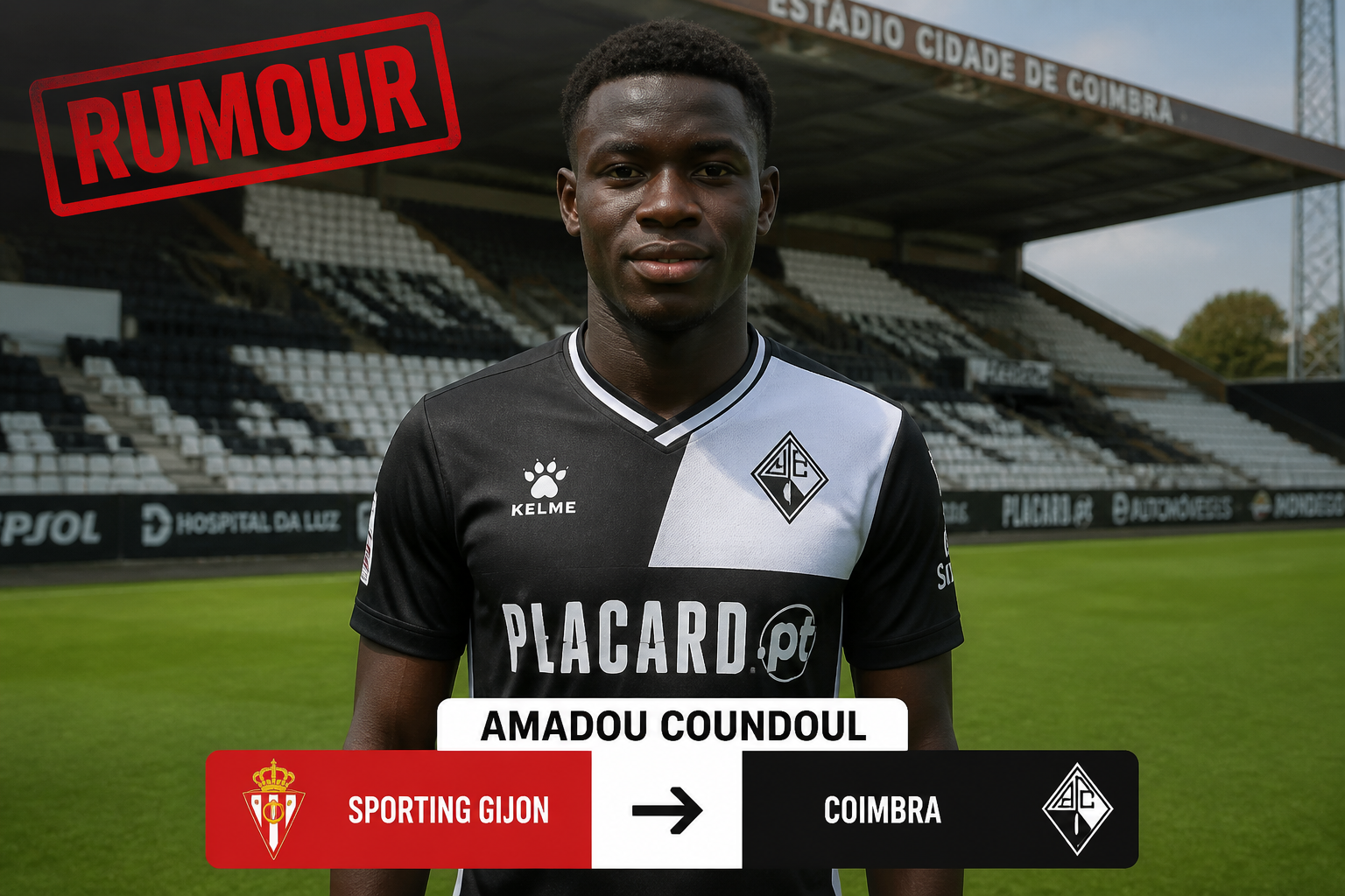 RUMOUR stamp over a football player in a black-white jersey, with text Amadou CoundouL and a Sporting Gijón to Coimbra transfer graphic behind him