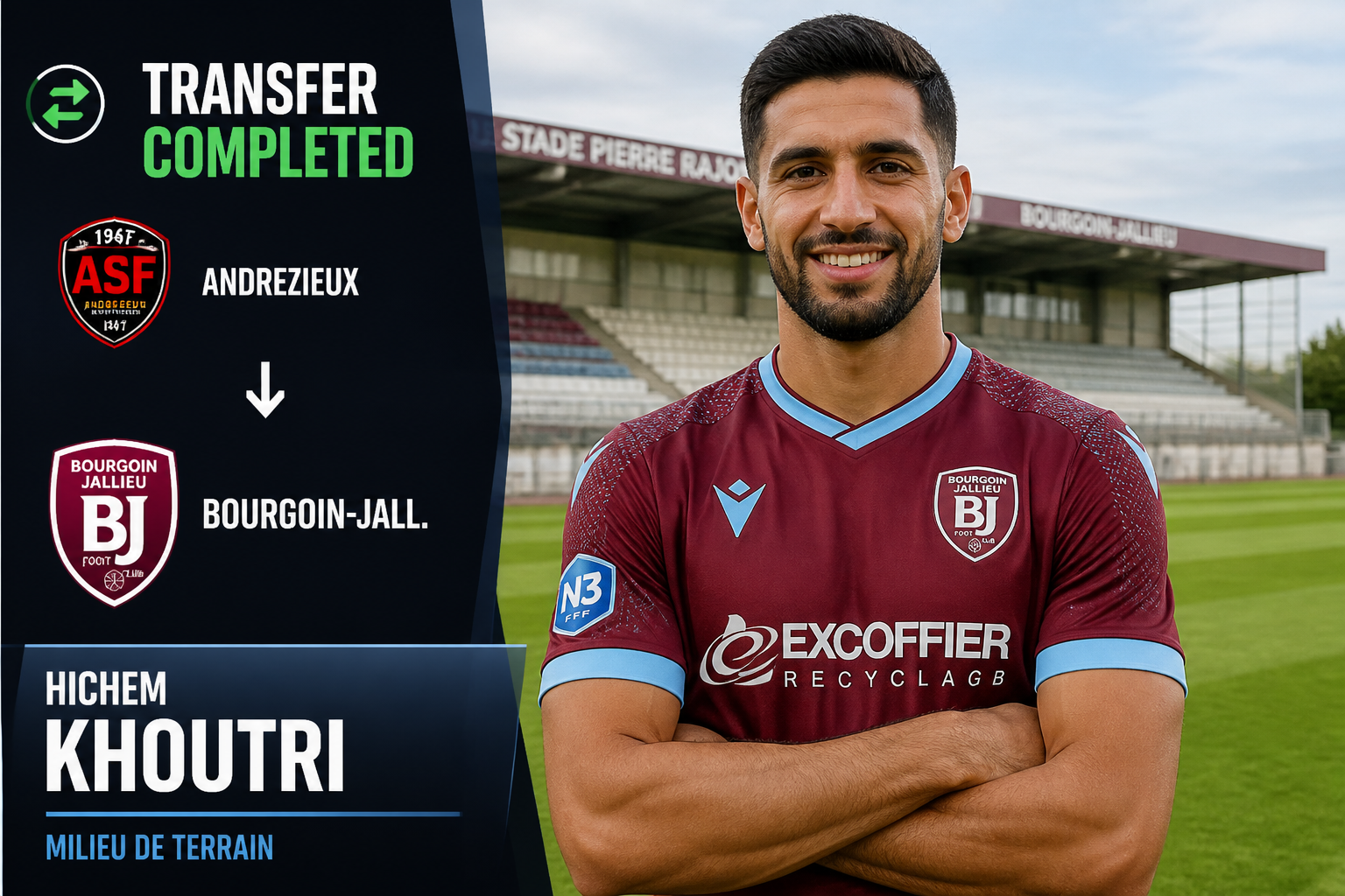 Transfer completed: Andrezieux signs Hichem Khoutri for Bourgoin-Jallieu, midfielder, on a football field with team logos on display. Transfer completed: Andrezieux signs Hichem Khoutri for Bourgoin-Jallieu, midfielder, on a football field with team logos on display.