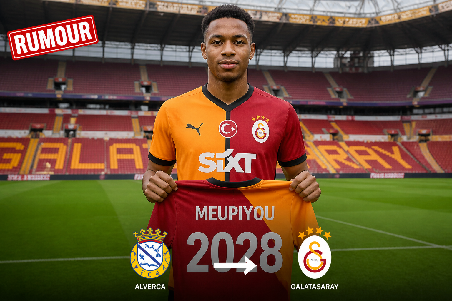 Footballer in a Galatasaray kit holding a two-tone orange-red 2028 jersey on a stadium field, with 'RUMOUR' badge and club crests visible (Alverca on left, Galatasaray on right).