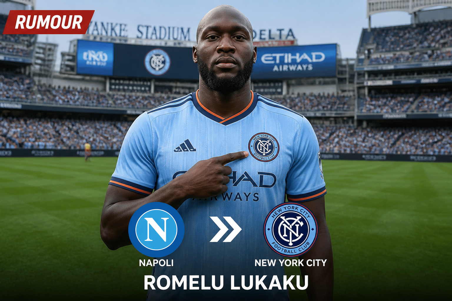 Romelu Lukaku stands on a stadium field in a light blue NYC FC jersey with Napoli and NYCFC logos and his name at the bottom. Romelu Lukaku stands on a stadium field in a light blue NYC FC jersey with Napoli and NYCFC logos and his name at the bottom.