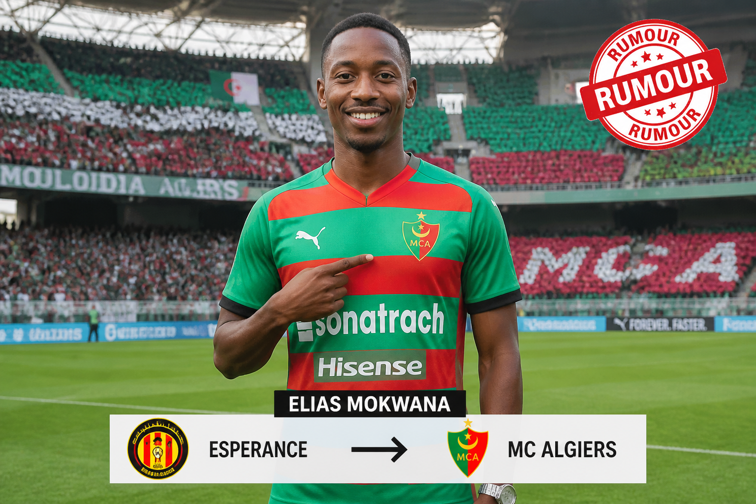 Soccer player Elis Mokwana in MC Alger jersey stands on a stadium pitch with a transfer graphic from Espérance to MC Alger in front of a cheering crowd.