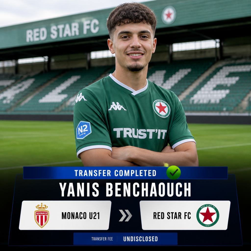 Portrait of a footballer in a green Red Star FC kit on a stadium pitch with a 'Transfer Completed' banner announcing Yanis Benchaouch's move from Monaco U21 to Red Star FC. Portrait of a footballer in a green Red Star FC kit on a stadium pitch with a 'Transfer Completed' banner announcing Yanis Benchaouch's move from Monaco U21 to Red Star FC.