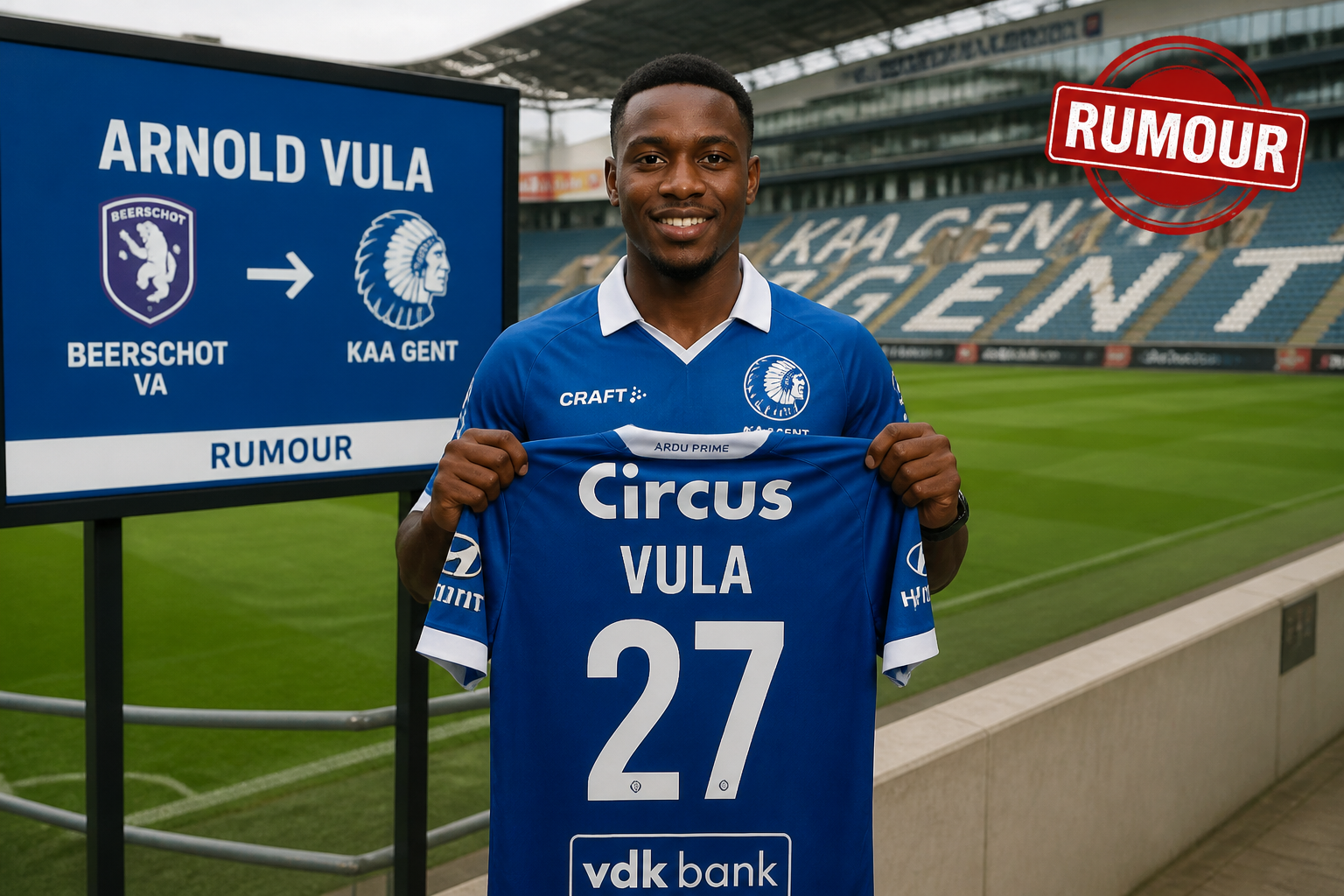 Portrait of footballer Circus Vula holding a blue number 27 jersey in a stadium backdrop.