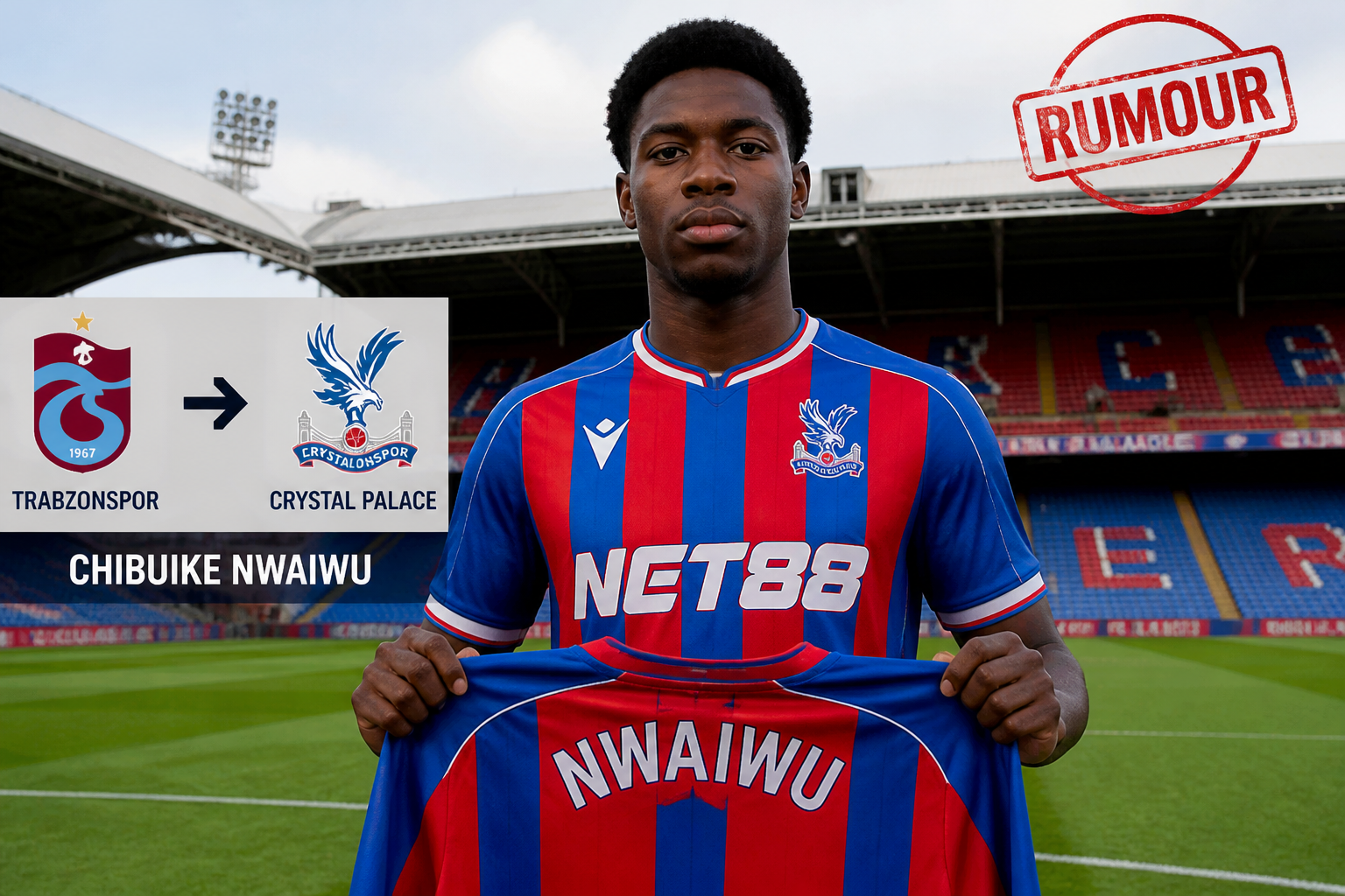 Portrait of a footballer in a Crystal Palace blue-red kit holding a blue-and-red jersey that reads 'NWAIWU', with a 'RUMOUR' stamp and a graphic showing Trabzonspor → Crystal Palace