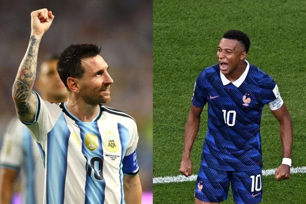 Split image of two soccer players celebrating: left with tattooed arm in Argentina jersey, fist raised; right in blue France jersey #10, shouting on the pitch Split image of two soccer players celebrating: left with tattooed arm in Argentina jersey, fist raised; right in blue France jersey #10, shouting on the pitch