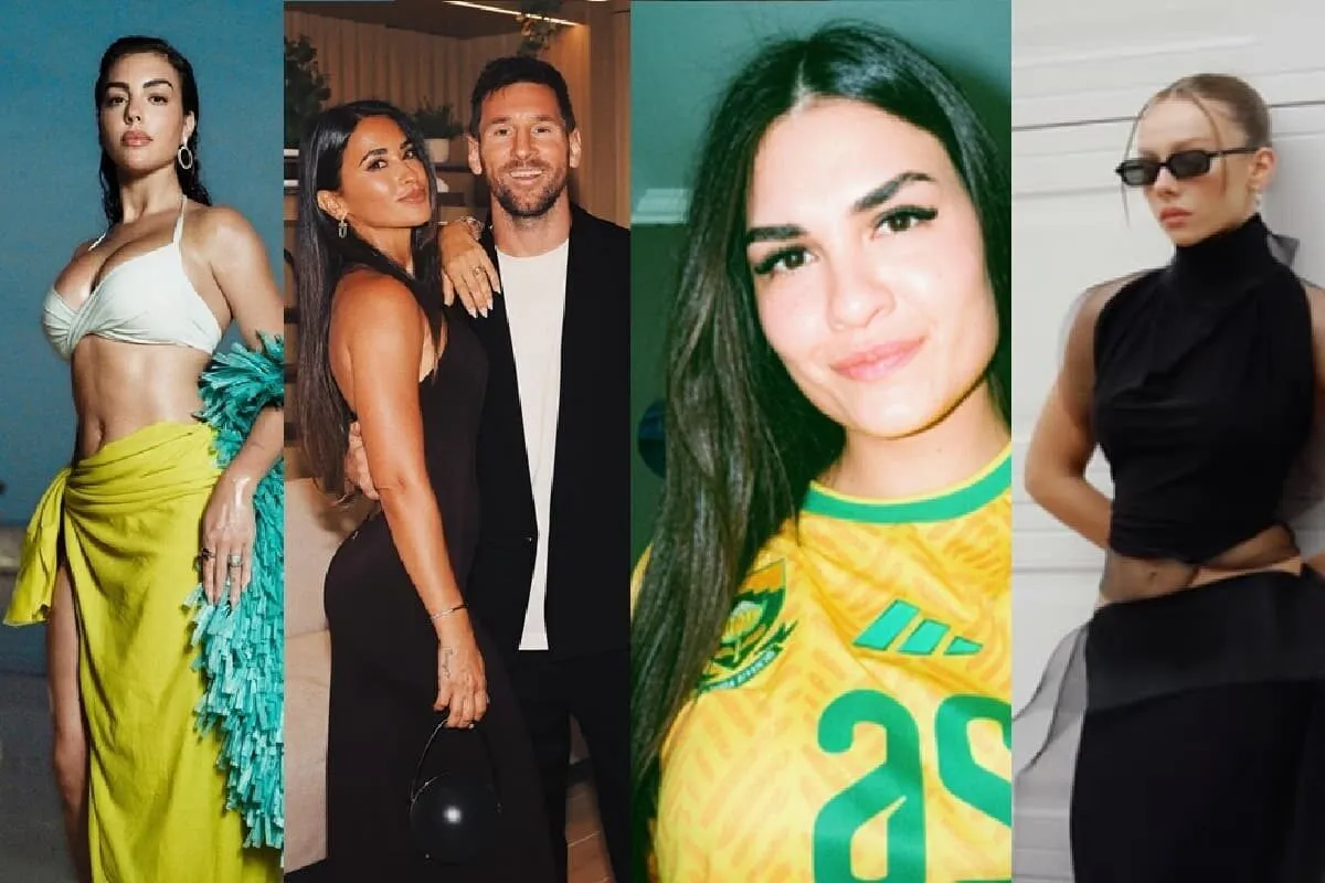 Four-panel collage of fashionable women: left in white bikini top and bright yellow skirt with teal fringe; next a couple posing at a party; third in a yellow-green Brazil soccer jersey; right in black sleeveless turtleneck with sunglasses.