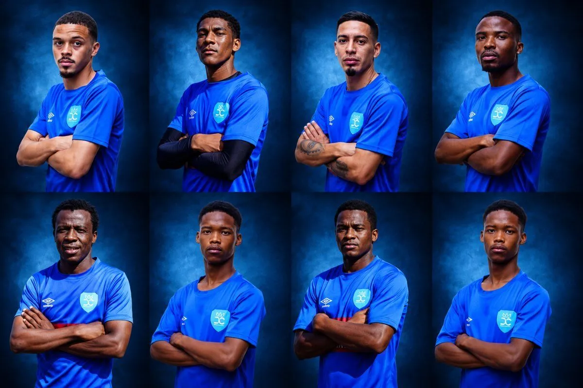 Eight men in matching blue jerseys with arms crossed, posing in a studio against a blue gradient background (team portrait).